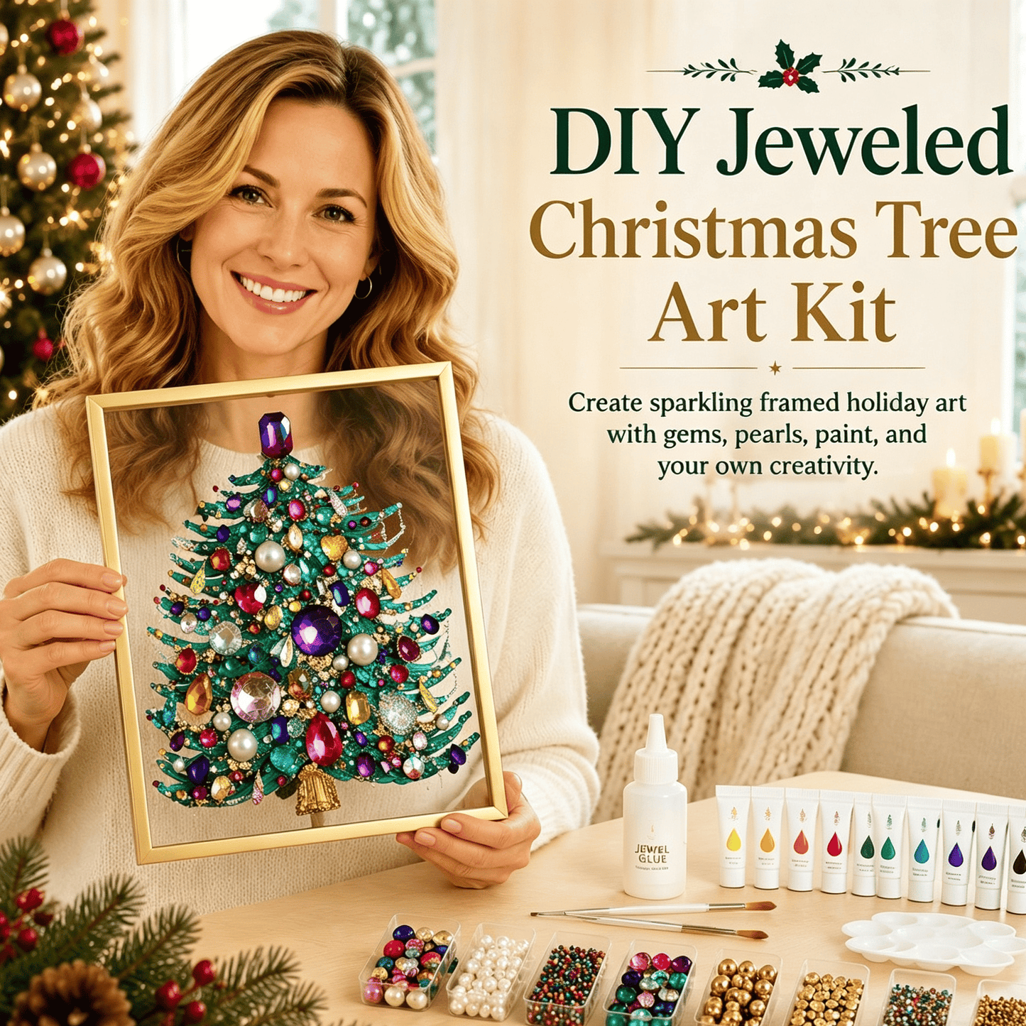 🔥 HOT SALE 60% OFF – 🎄 DIY Jeweled Christmas Tree Art Kit | Colorful Gems, Pearls, Paints & Gold-Tone Floating Display Frame 💎✨