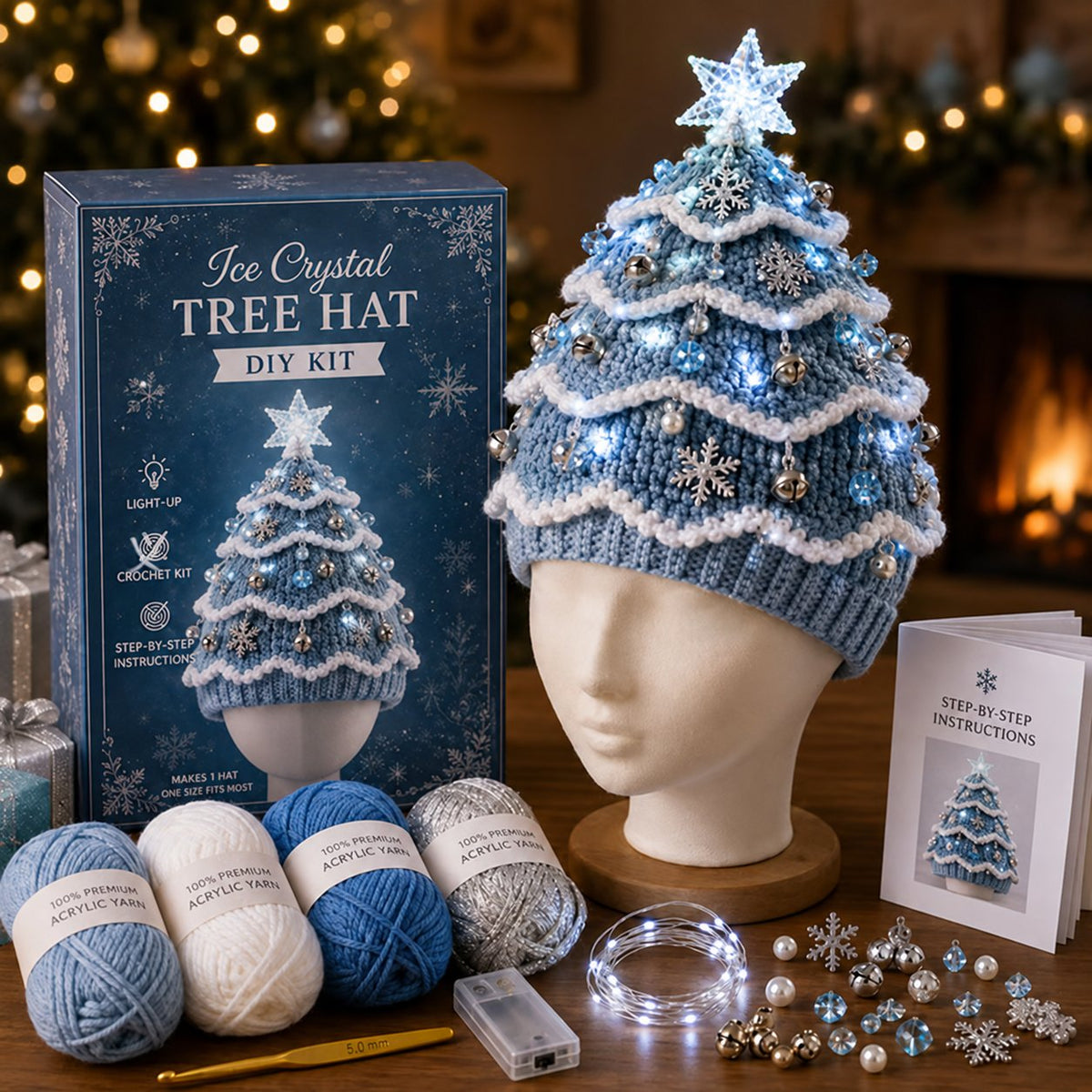 DIY Kit for a Crocheted Christmas Tree Hat with Light Effect – Handmade Christmas Craft Project & Party Hat