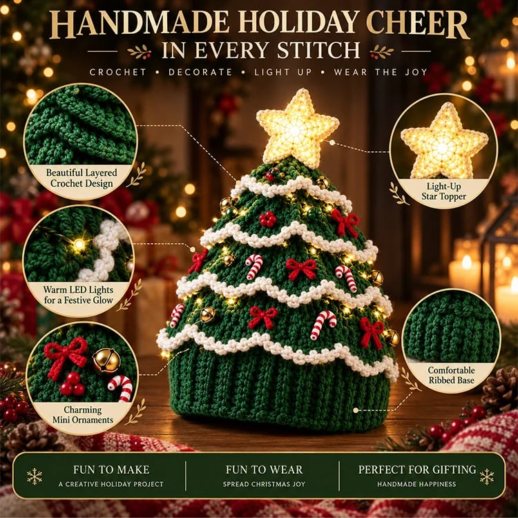 DIY Kit for a Crocheted Christmas Tree Hat with Light Effect – Handmade Christmas Craft Project & Party Hat