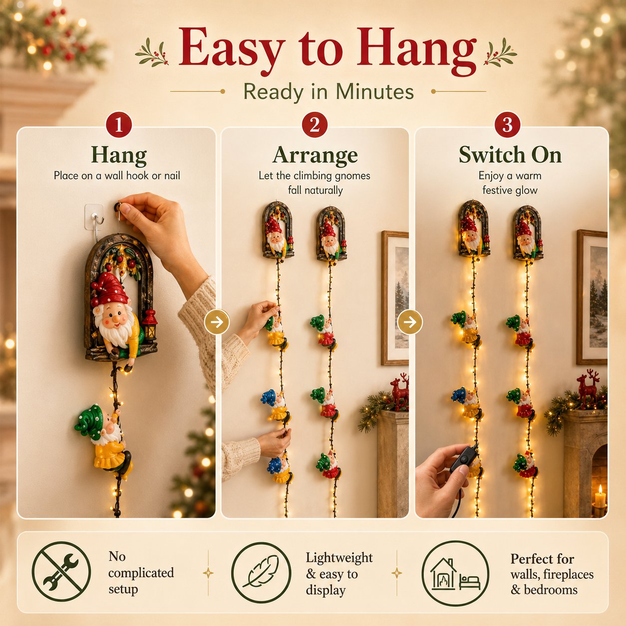 🎄 Climbing Gnome Christmas String Lights – Handmade LED Wall Hanging Festive Decor