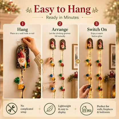 🎄 Climbing Gnome Christmas String Lights – Handmade LED Wall Hanging Festive Decor