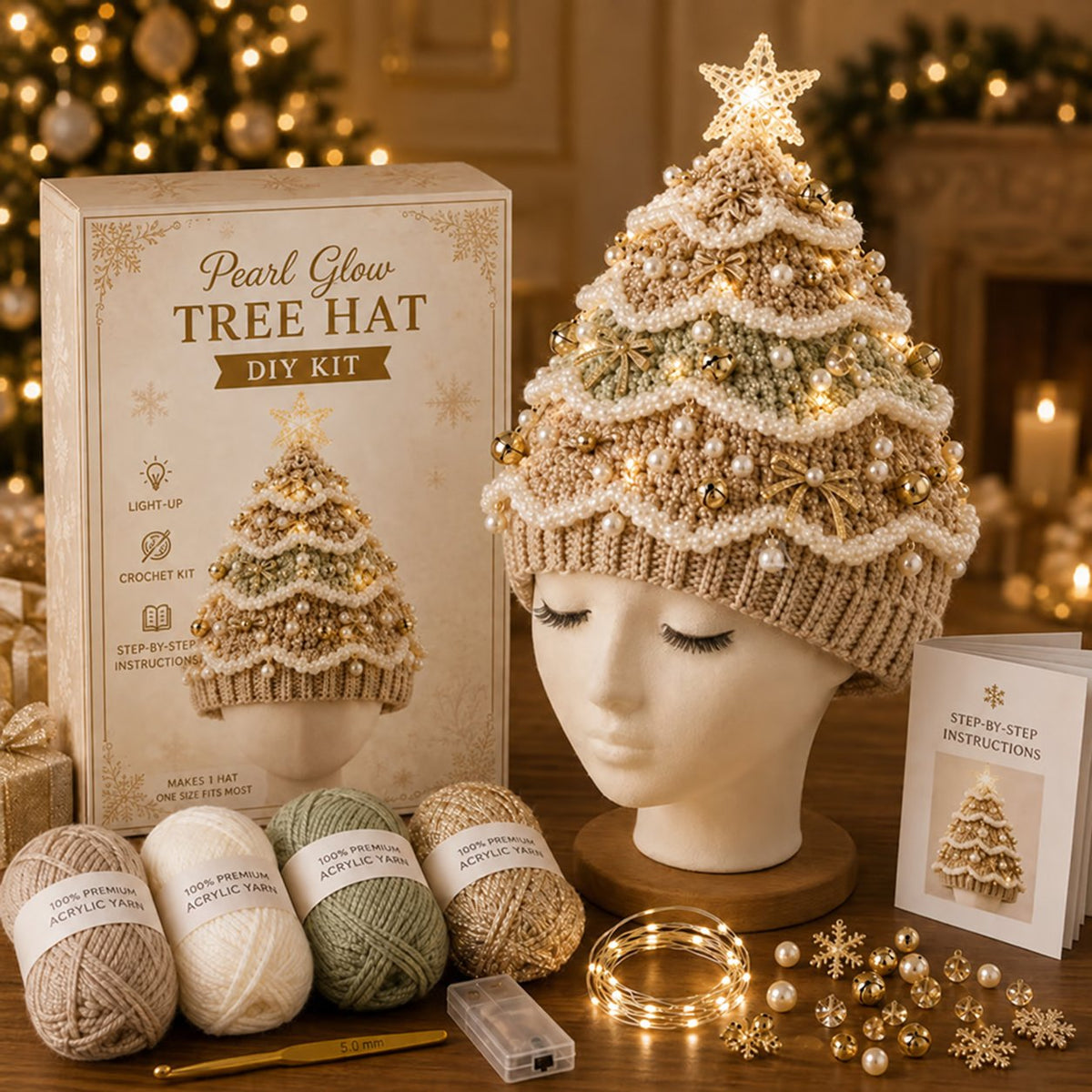 DIY Kit for a Crocheted Christmas Tree Hat with Light Effect – Handmade Christmas Craft Project & Party Hat
