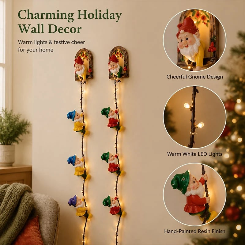 🎄 Climbing Gnome Christmas String Lights – Handmade LED Wall Hanging Festive Decor