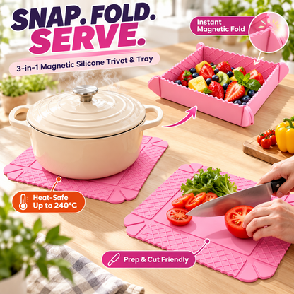 ✨ 3-in-1 Magnetic Silicone Trivet, Cutting Board & Foldable Serving Tray