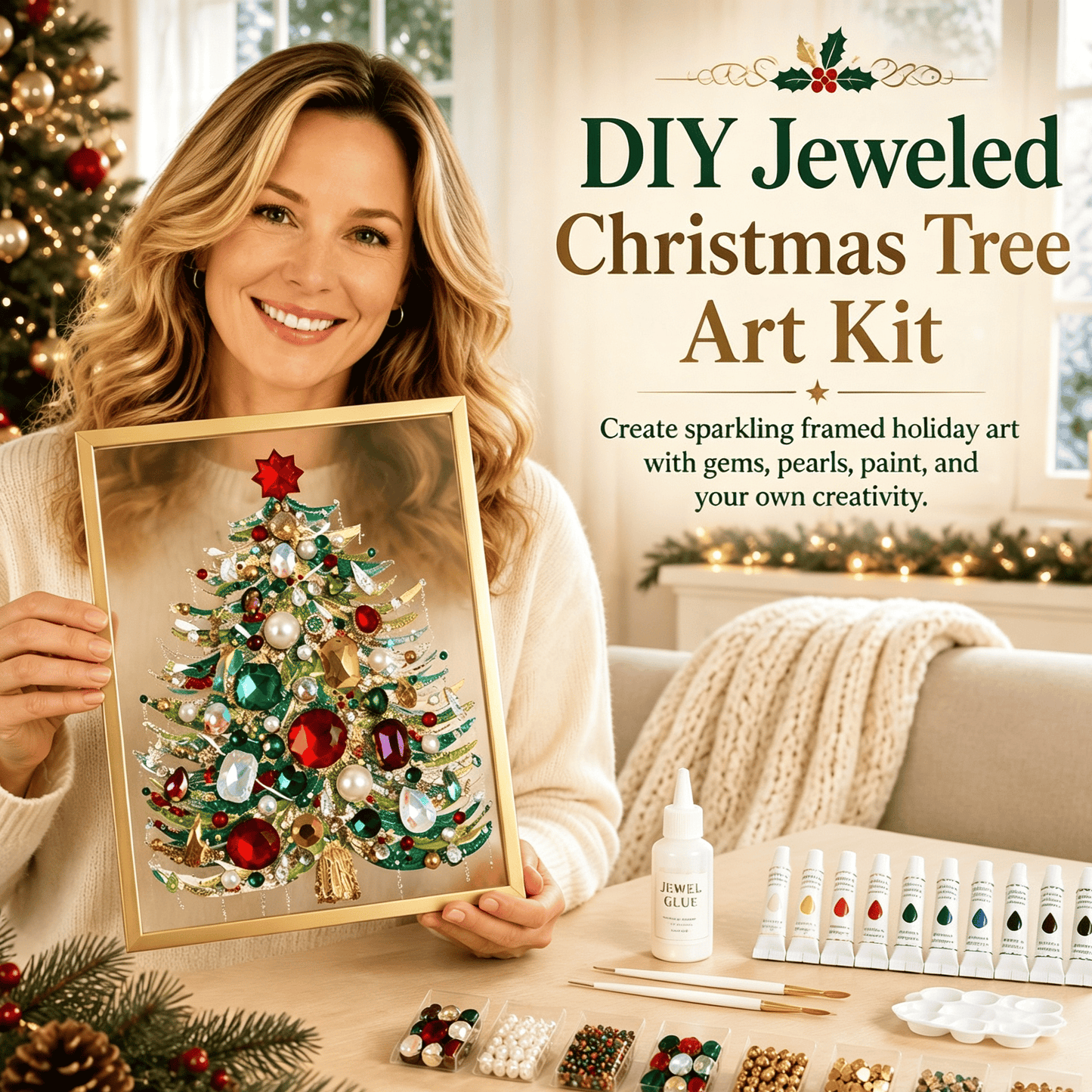 🔥 HOT SALE 60% OFF – 🎄 DIY Jeweled Christmas Tree Art Kit | Colorful Gems, Pearls, Paints & Gold-Tone Floating Display Frame 💎✨