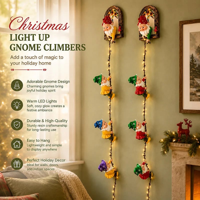 🎄 Climbing Gnome Christmas String Lights – Handmade LED Wall Hanging Festive Decor