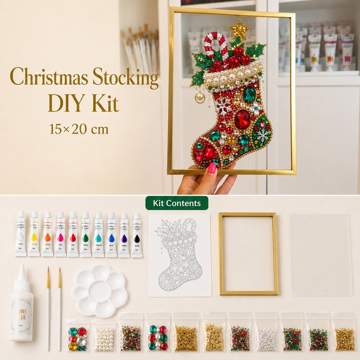 🔥 HOT SALE 60% OFF – 🎄 DIY Jeweled Christmas Tree Art Kit | Colorful Gems, Pearls, Paints & Gold-Tone Floating Display Frame 💎✨