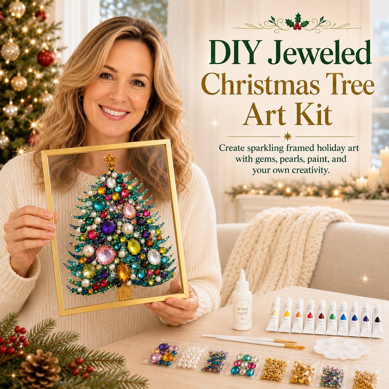 🔥 HOT SALE 60% OFF – 🎄 DIY Jeweled Christmas Tree Art Kit | Colorful Gems, Pearls, Paints & Gold-Tone Floating Display Frame 💎✨