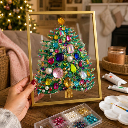 🔥 HOT SALE 60% OFF – 🎄 DIY Jeweled Christmas Tree Art Kit | Colorful Gems, Pearls, Paints & Gold-Tone Floating Display Frame 💎✨