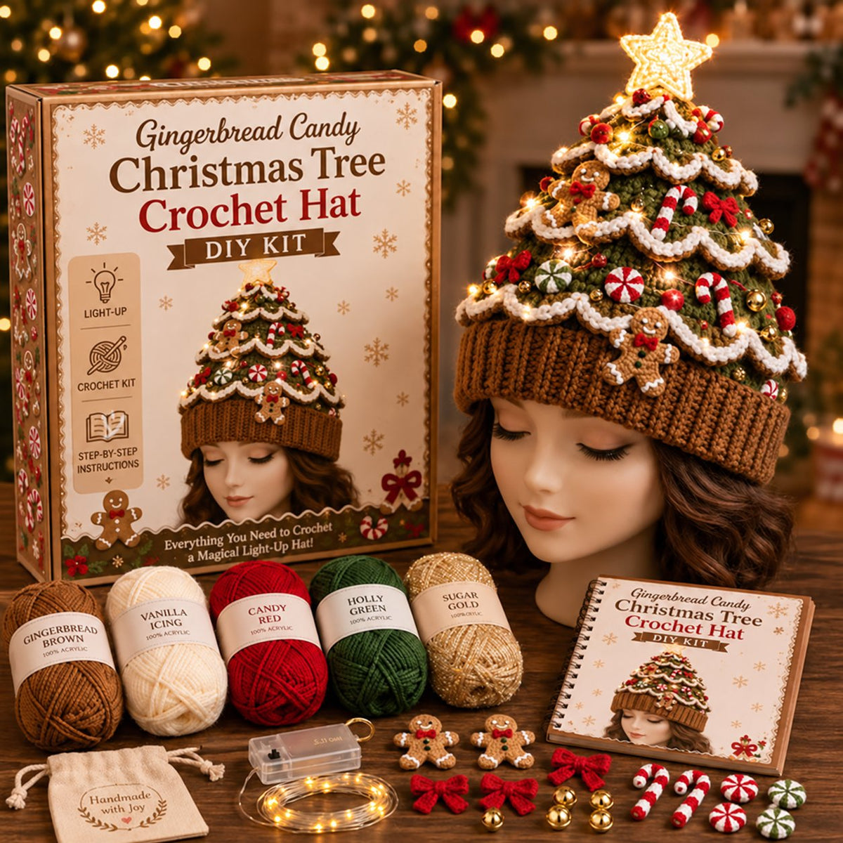 DIY Kit for a Crocheted Christmas Tree Hat with Light Effect – Handmade Christmas Craft Project & Party Hat