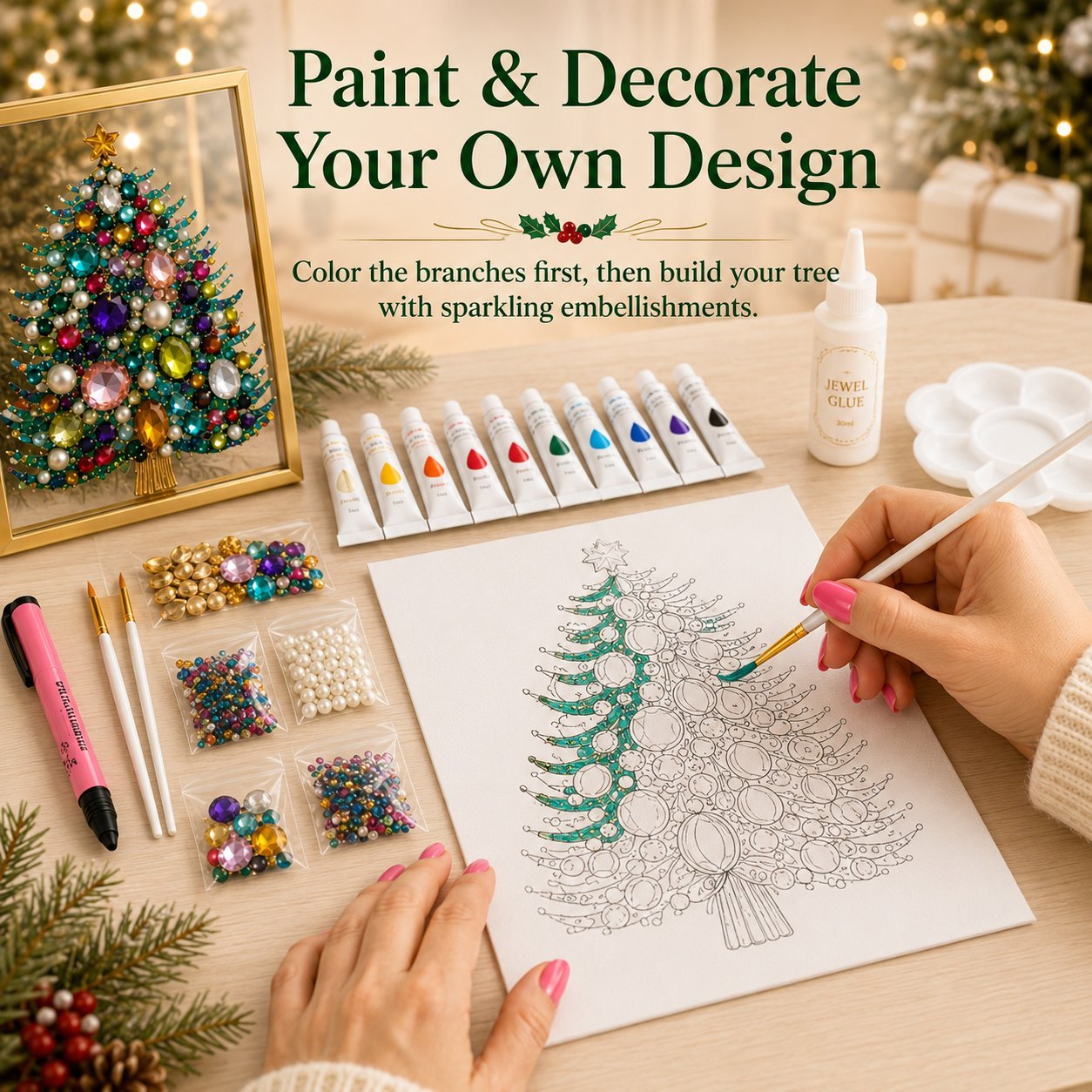 🔥 HOT SALE 60% OFF – 🎄 DIY Jeweled Christmas Tree Art Kit | Colorful Gems, Pearls, Paints & Gold-Tone Floating Display Frame 💎✨