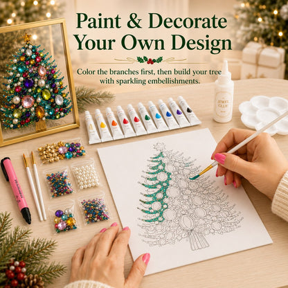 🔥 HOT SALE 60% OFF – 🎄 DIY Jeweled Christmas Tree Art Kit | Colorful Gems, Pearls, Paints & Gold-Tone Floating Display Frame 💎✨