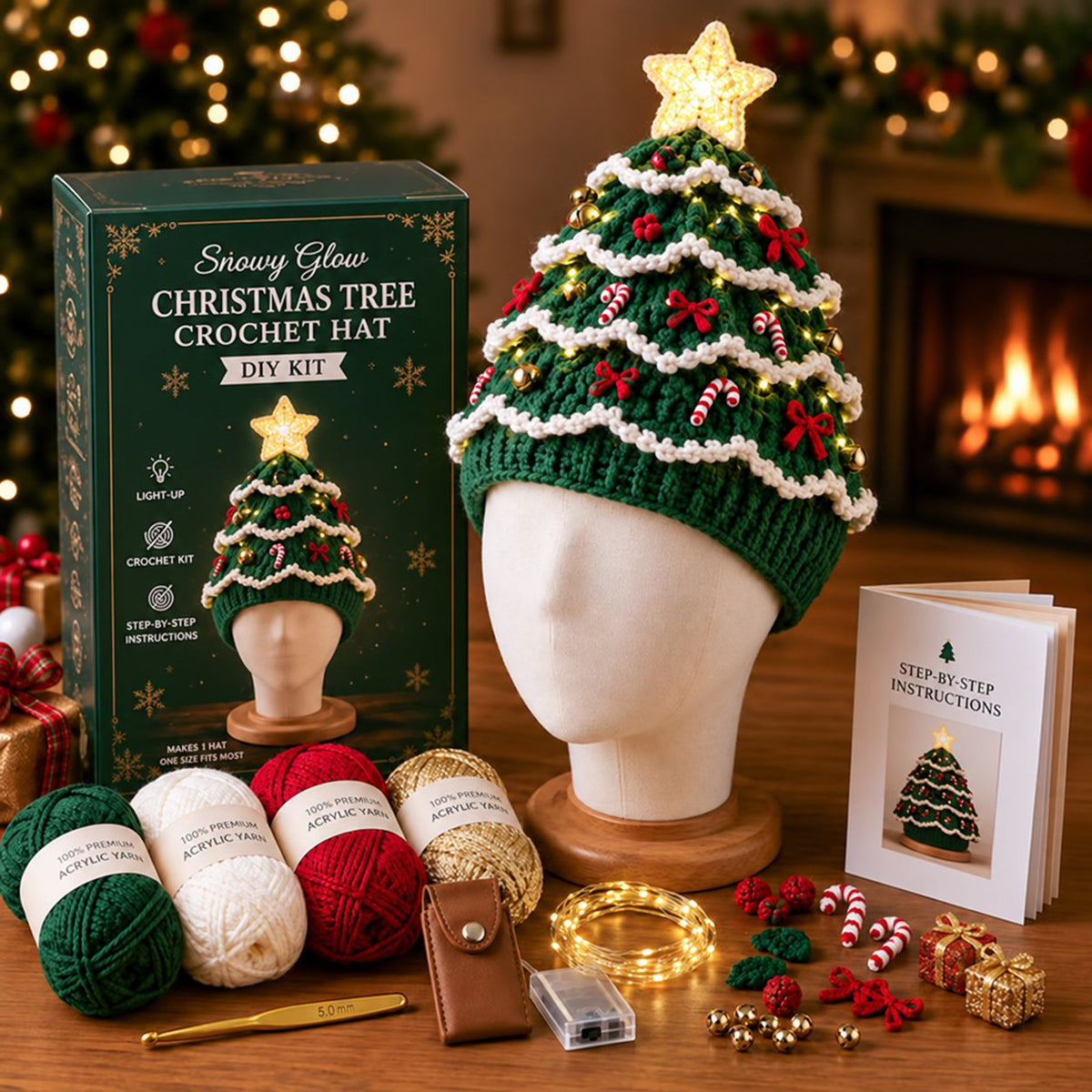 DIY Kit for a Crocheted Christmas Tree Hat with Light Effect – Handmade Christmas Craft Project & Party Hat