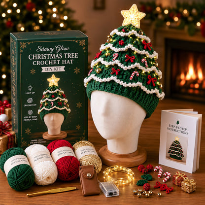 DIY Kit for a Crocheted Christmas Tree Hat with Light Effect – Handmade Christmas Craft Project & Party Hat