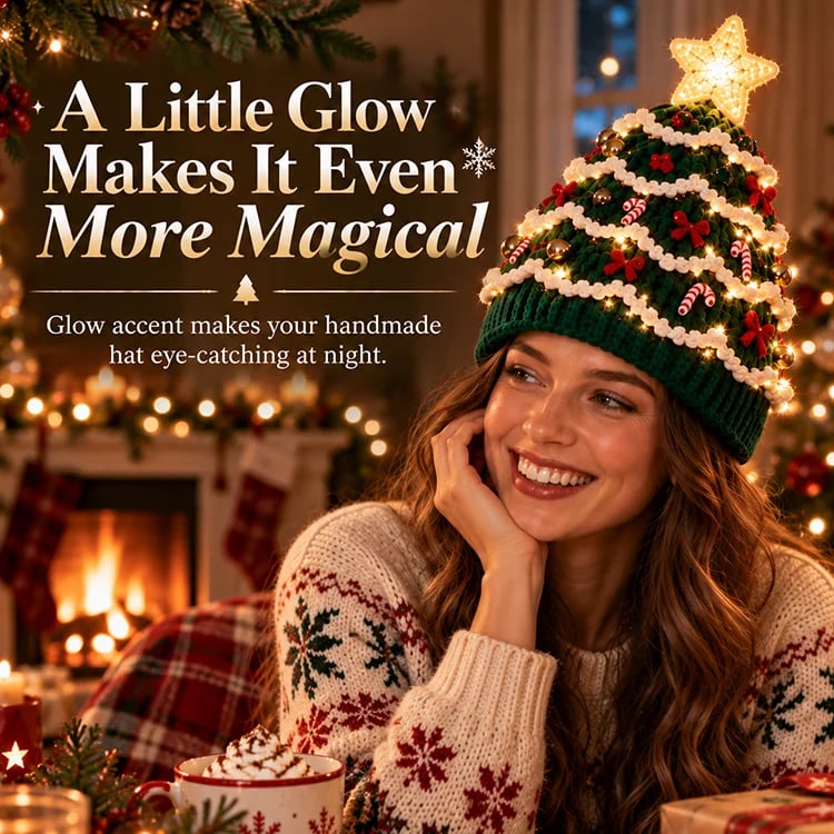 DIY Kit for a Crocheted Christmas Tree Hat with Light Effect – Handmade Christmas Craft Project & Party Hat