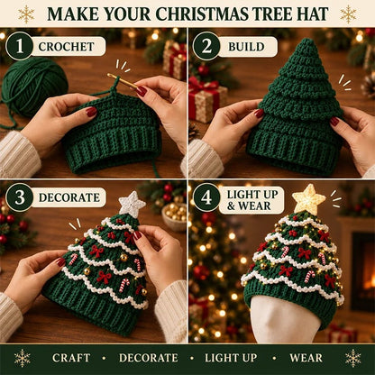 DIY Kit for a Crocheted Christmas Tree Hat with Light Effect – Handmade Christmas Craft Project & Party Hat