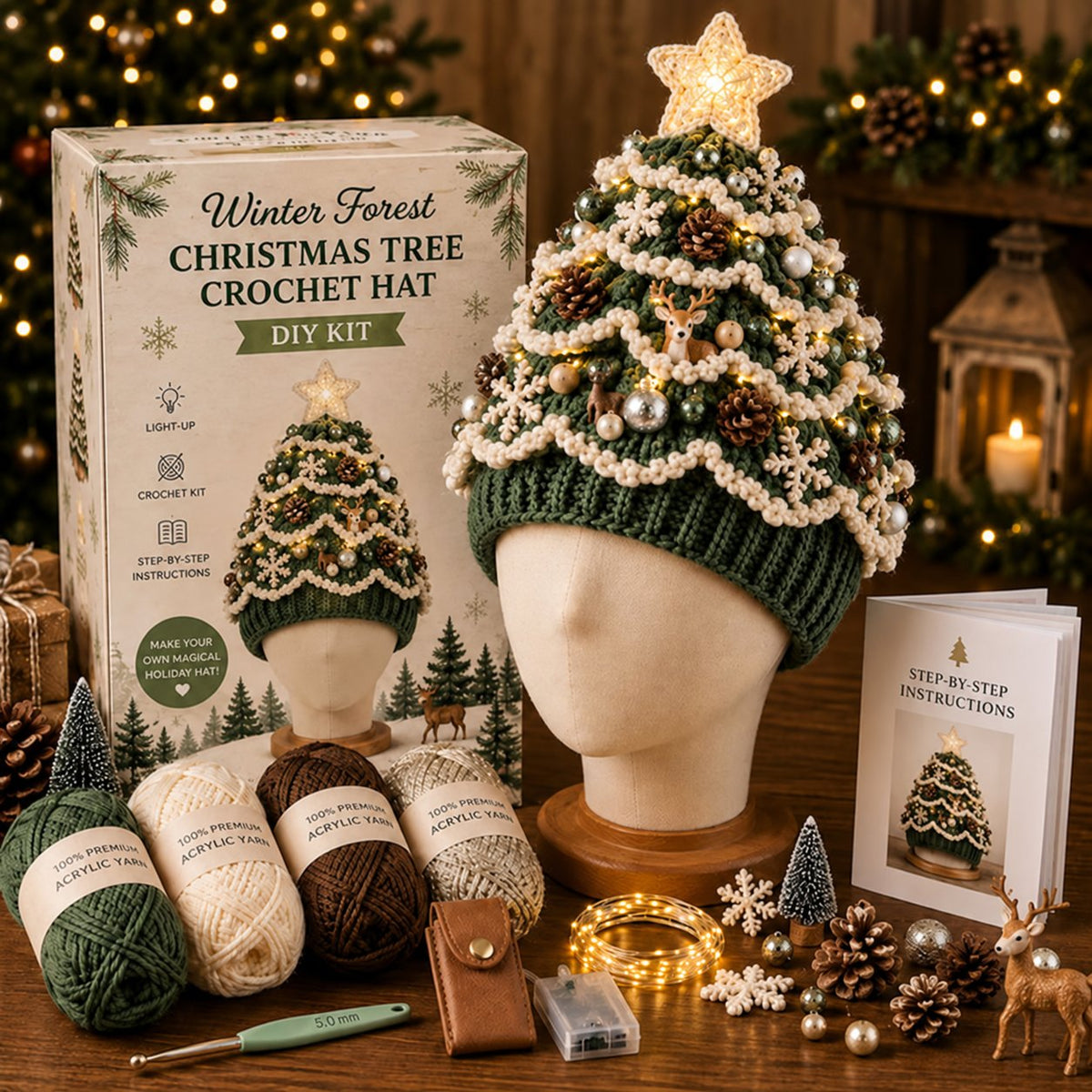 DIY Kit for a Crocheted Christmas Tree Hat with Light Effect – Handmade Christmas Craft Project & Party Hat