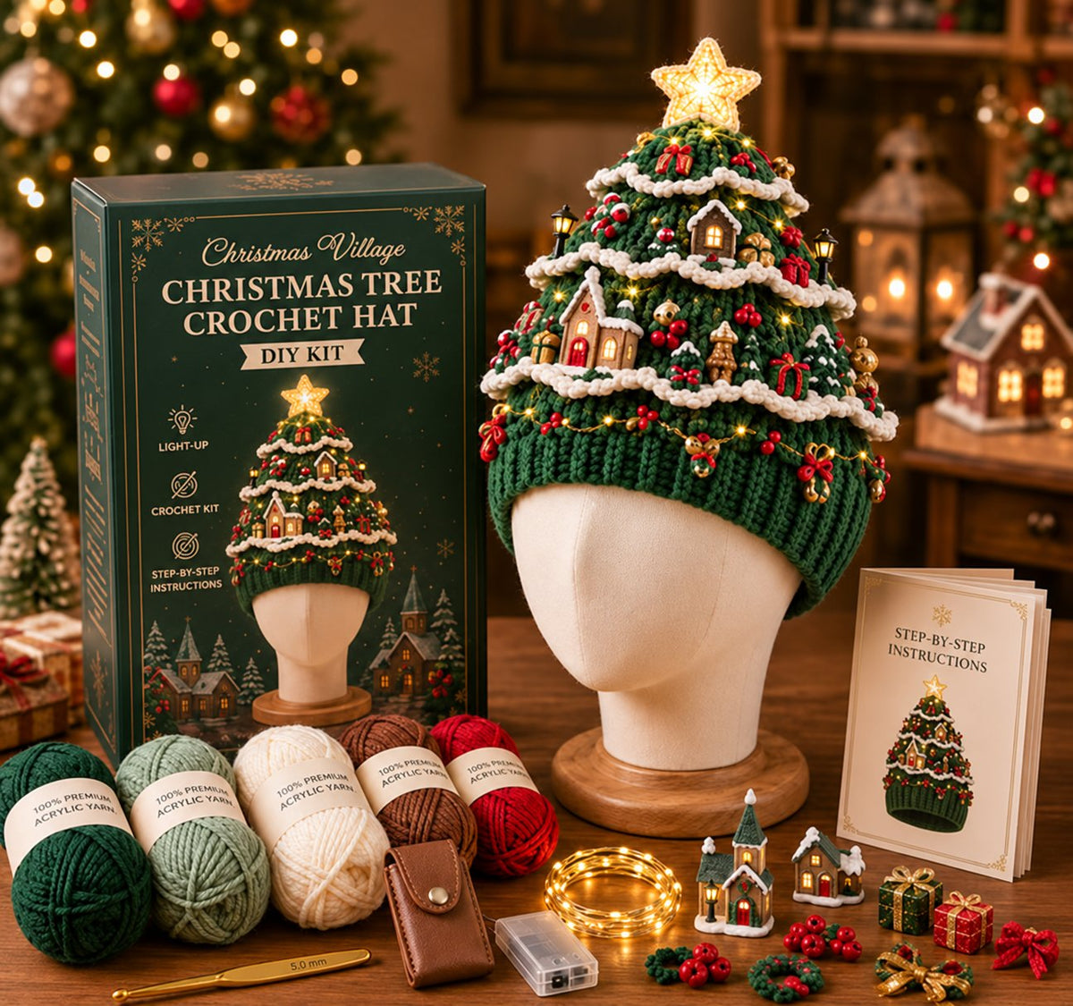 DIY Kit for a Crocheted Christmas Tree Hat with Light Effect – Handmade Christmas Craft Project & Party Hat