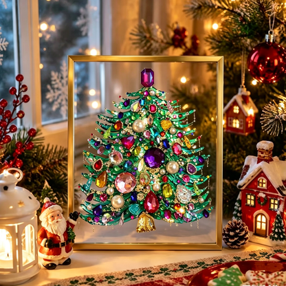 🔥 HOT SALE 60% OFF – 🎄 DIY Jeweled Christmas Tree Art Kit | Colorful Gems, Pearls, Paints & Gold-Tone Floating Display Frame 💎✨