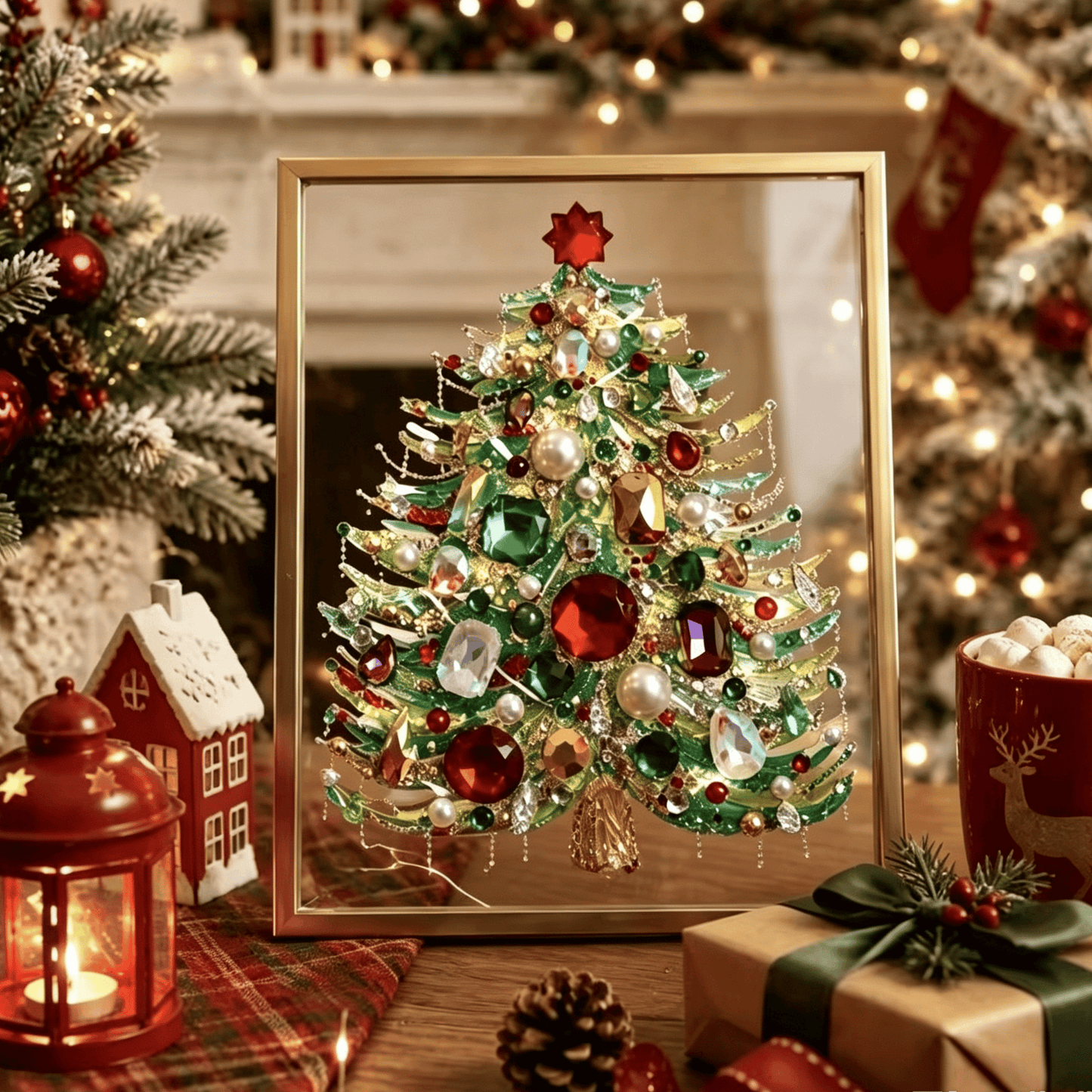 🔥 HOT SALE 60% OFF – 🎄 DIY Jeweled Christmas Tree Art Kit | Colorful Gems, Pearls, Paints & Gold-Tone Floating Display Frame 💎✨