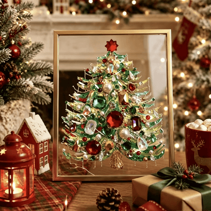 🔥 HOT SALE 60% OFF – 🎄 DIY Jeweled Christmas Tree Art Kit | Colorful Gems, Pearls, Paints & Gold-Tone Floating Display Frame 💎✨