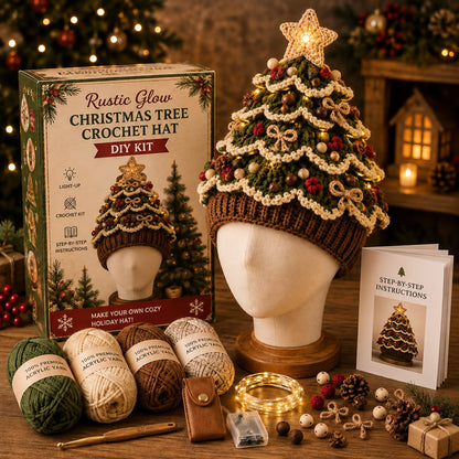 DIY Kit for a Crocheted Christmas Tree Hat with Light Effect – Handmade Christmas Craft Project & Party Hat