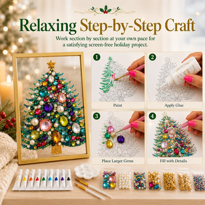 🔥 HOT SALE 60% OFF – 🎄 DIY Jeweled Christmas Tree Art Kit | Colorful Gems, Pearls, Paints & Gold-Tone Floating Display Frame 💎✨