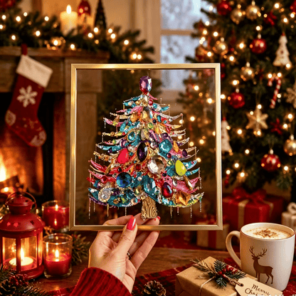 🔥 HOT SALE 60% OFF – 🎄 DIY Jeweled Christmas Tree Art Kit | Colorful Gems, Pearls, Paints & Gold-Tone Floating Display Frame 💎✨