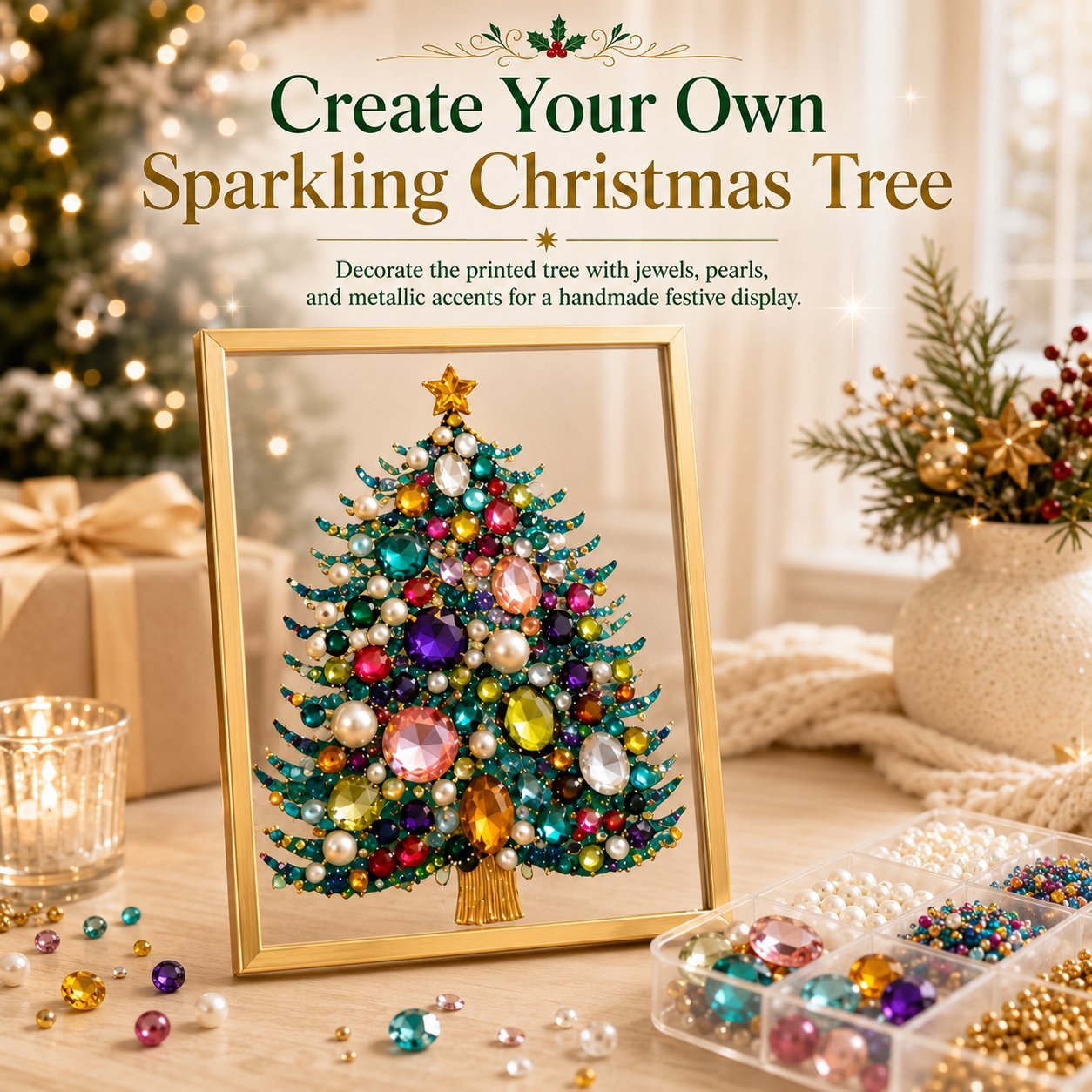 🔥 HOT SALE 60% OFF – 🎄 DIY Jeweled Christmas Tree Art Kit | Colorful Gems, Pearls, Paints & Gold-Tone Floating Display Frame 💎✨