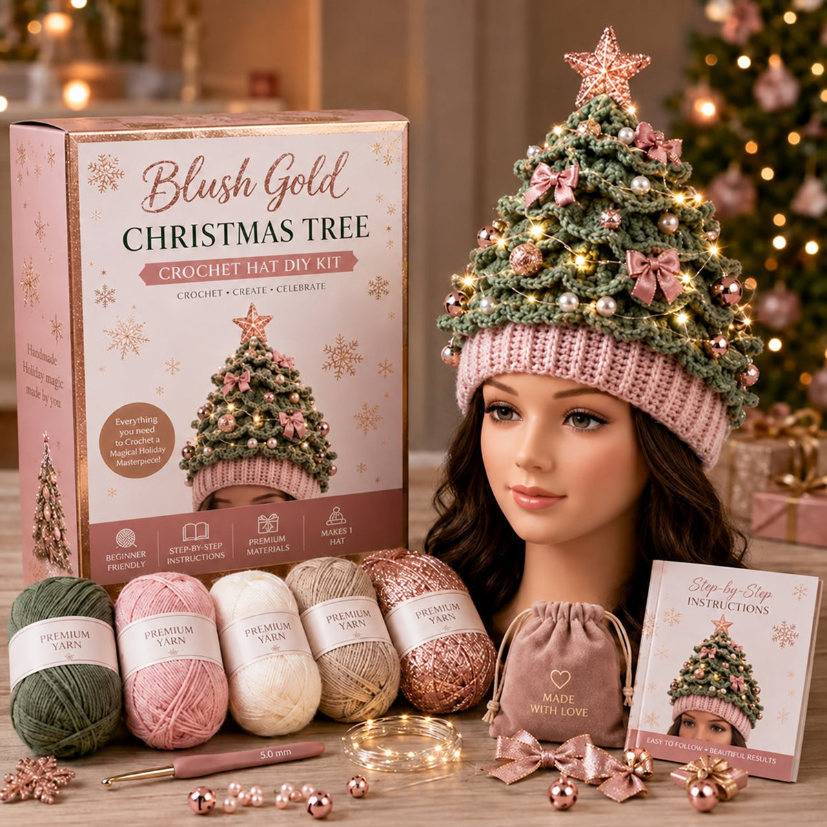 DIY Kit for a Crocheted Christmas Tree Hat with Light Effect – Handmade Christmas Craft Project & Party Hat