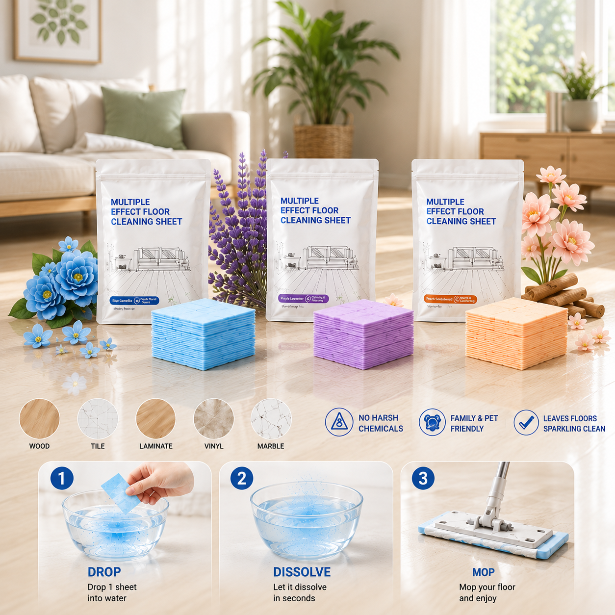 ✨ Just Drop, Dissolve & Mop – 60 Powerful Floor Cleaning Sheets