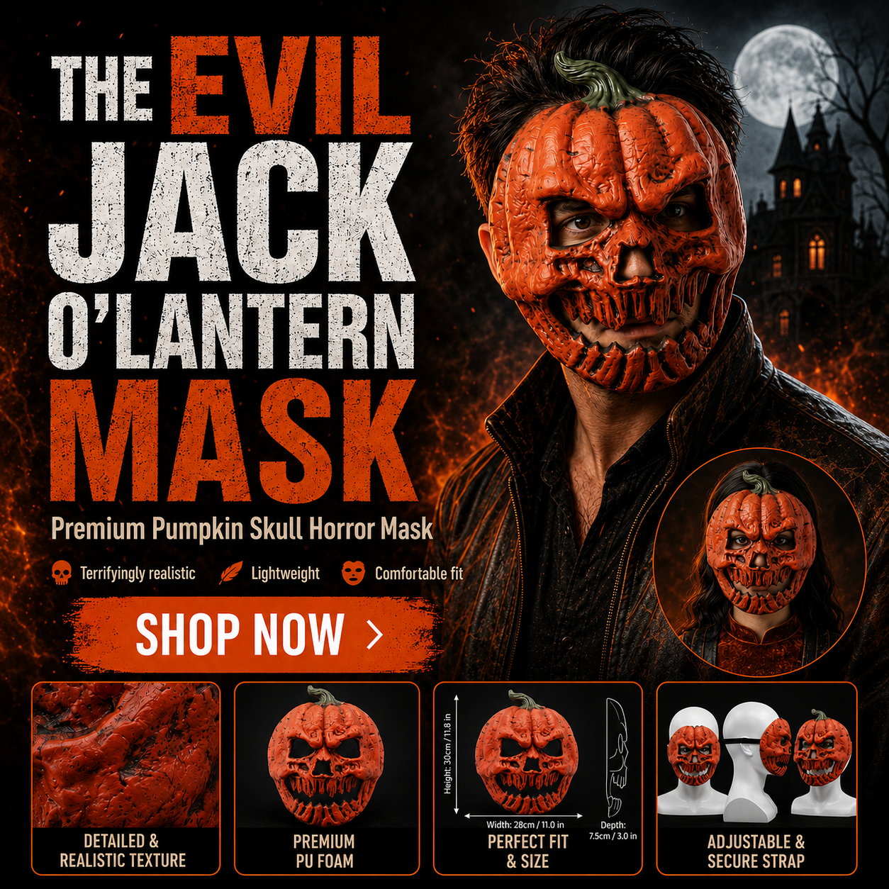 🎃 Evil Jack-O’-Lantern Pumpkin Skull Halloween Mask 💀