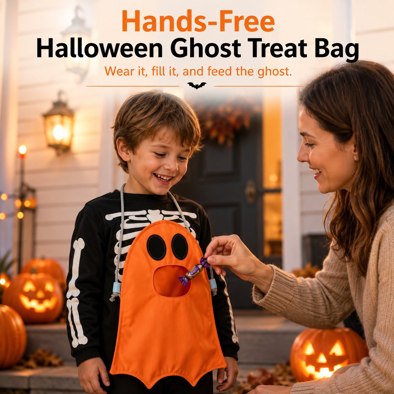 ⏳ Last Day 49% OFF – 👻 Hands-Free “Feed the Ghost” Halloween Treat Bag for Kids | Wearable Front-Hanging Candy Bag with Large Mouth Opening & Roomy Trick-or-Treat Storage 🎃🍬
