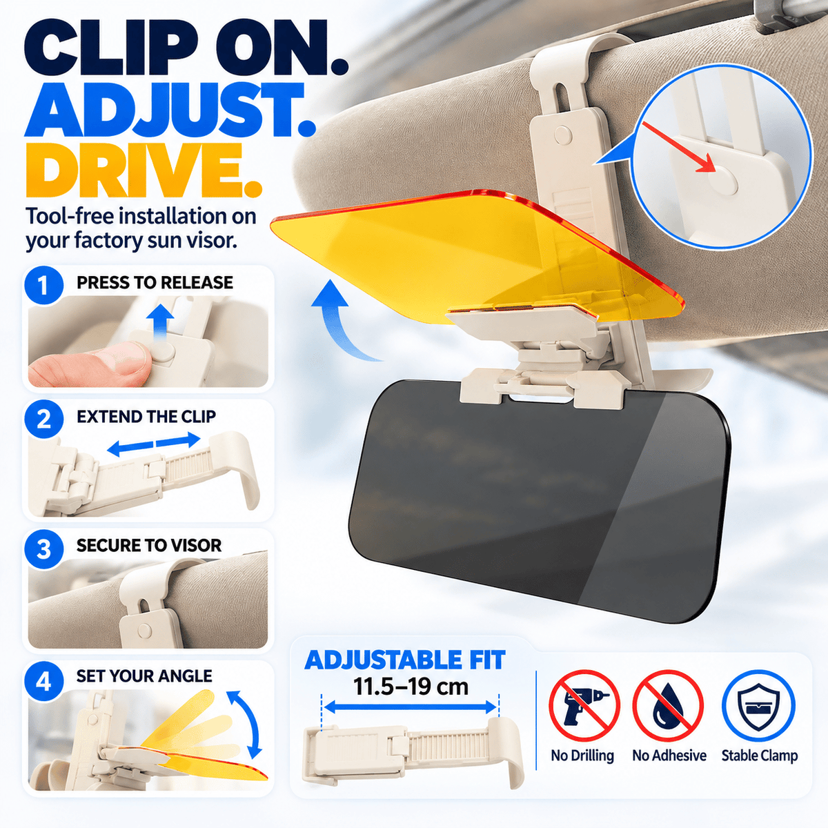 ☀️2-in-1 Day & Night Anti-Glare Car Visor Extender – Adjustable Dual-Lens Driving Shield