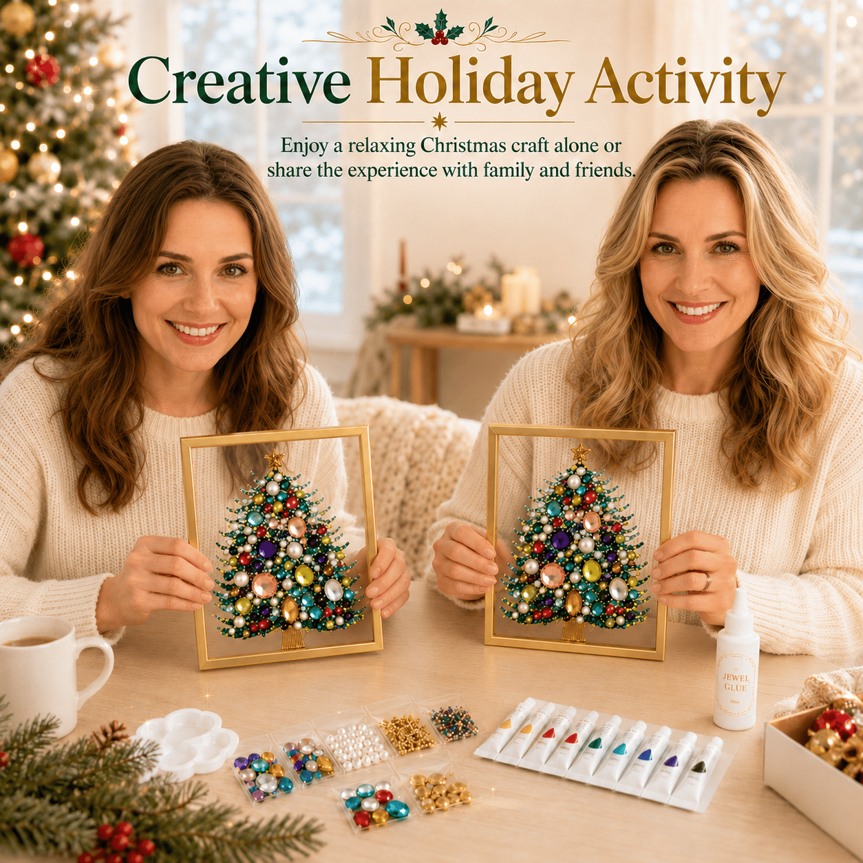 🔥 HOT SALE 60% OFF – 🎄 DIY Jeweled Christmas Tree Art Kit | Colorful Gems, Pearls, Paints & Gold-Tone Floating Display Frame 💎✨