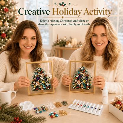 🔥 HOT SALE 60% OFF – 🎄 DIY Jeweled Christmas Tree Art Kit | Colorful Gems, Pearls, Paints & Gold-Tone Floating Display Frame 💎✨