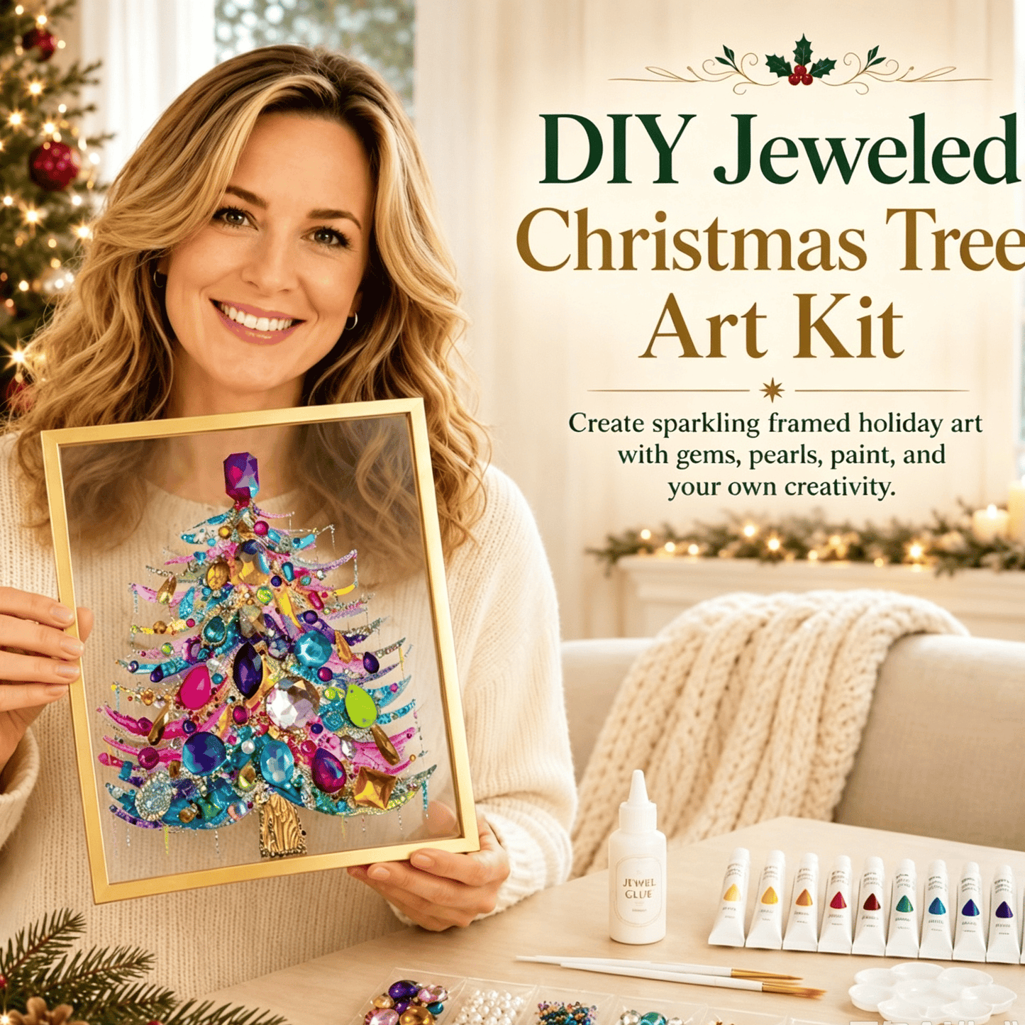 🔥 HOT SALE 60% OFF – 🎄 DIY Jeweled Christmas Tree Art Kit | Colorful Gems, Pearls, Paints & Gold-Tone Floating Display Frame 💎✨