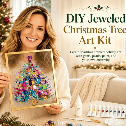 🔥 HOT SALE 60% OFF – 🎄 DIY Jeweled Christmas Tree Art Kit | Colorful Gems, Pearls, Paints & Gold-Tone Floating Display Frame 💎✨