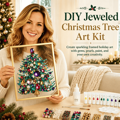 🔥 HOT SALE 60% OFF – 🎄 DIY Jeweled Christmas Tree Art Kit | Colorful Gems, Pearls, Paints & Gold-Tone Floating Display Frame 💎✨