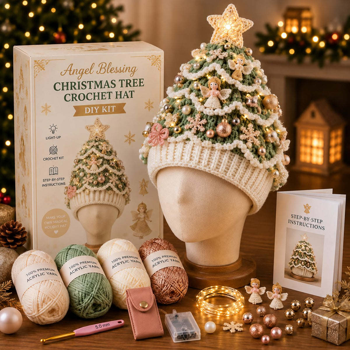 DIY Kit for a Crocheted Christmas Tree Hat with Light Effect – Handmade Christmas Craft Project & Party Hat