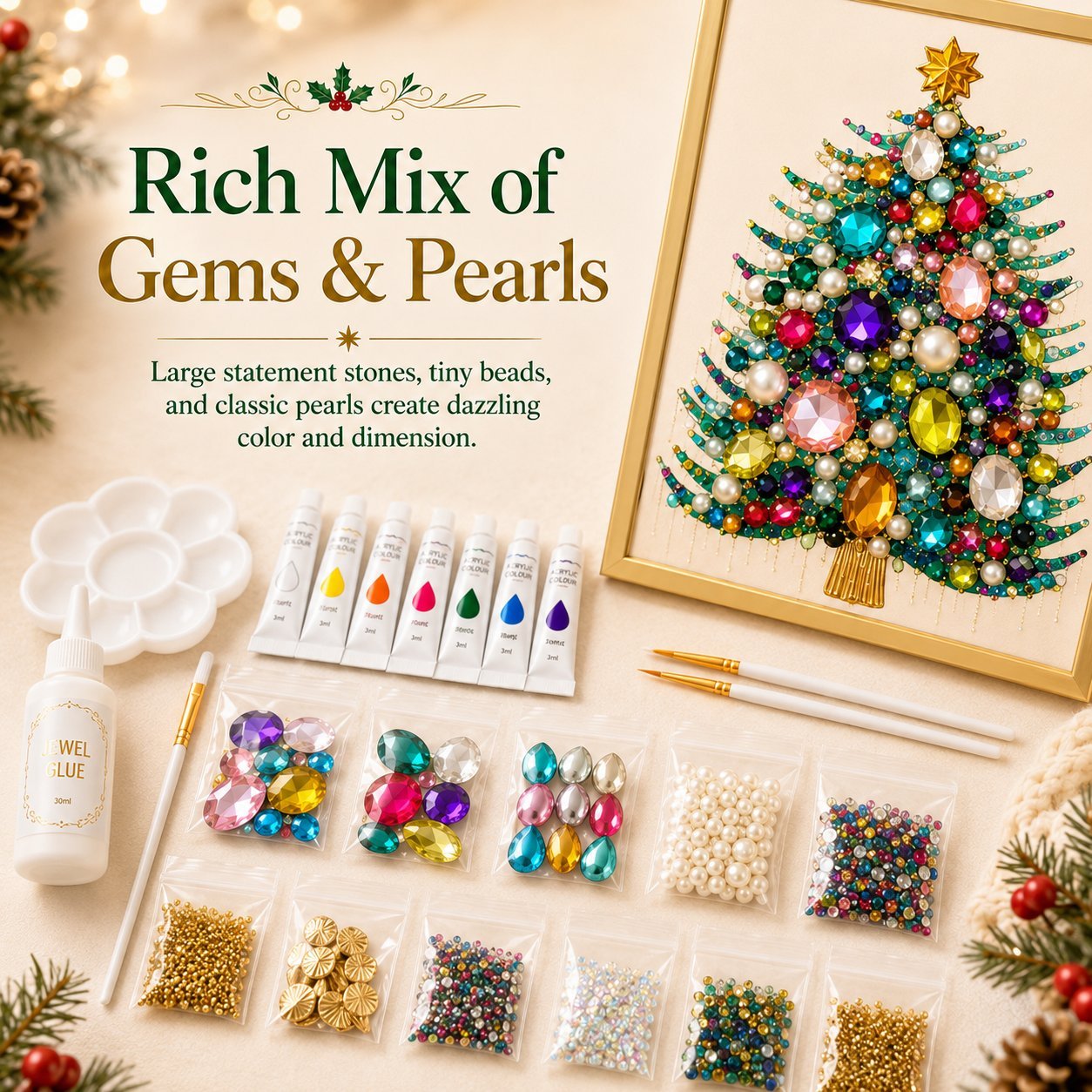 🔥 HOT SALE 60% OFF – 🎄 DIY Jeweled Christmas Tree Art Kit | Colorful Gems, Pearls, Paints & Gold-Tone Floating Display Frame 💎✨