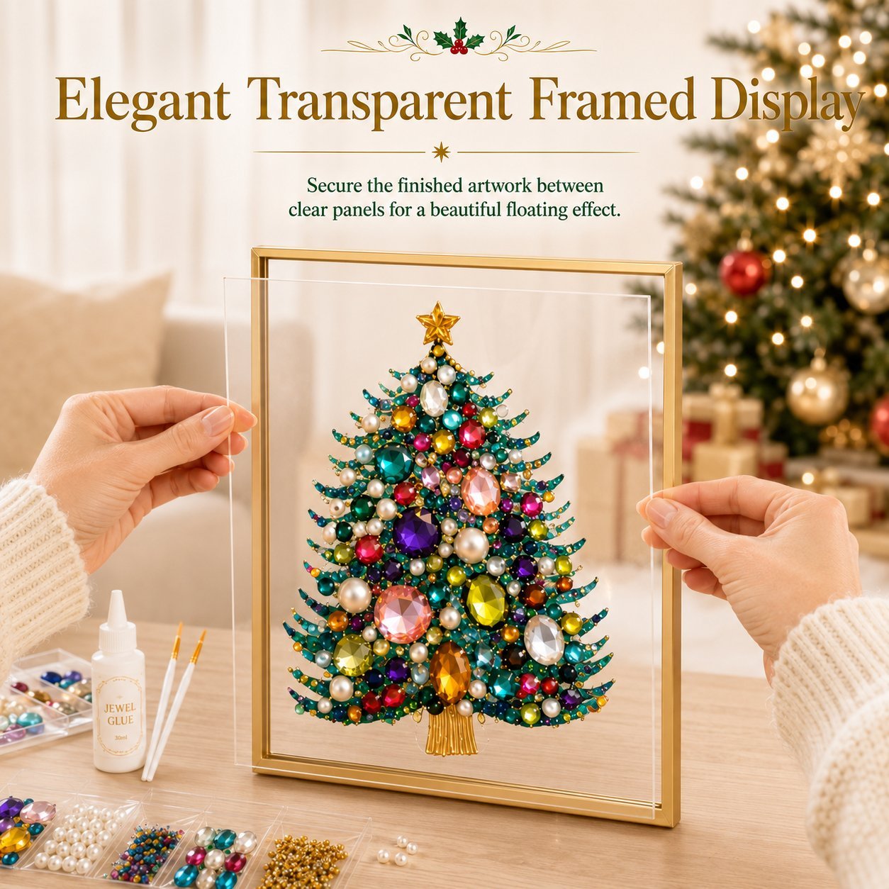 🔥 HOT SALE 60% OFF – 🎄 DIY Jeweled Christmas Tree Art Kit | Colorful Gems, Pearls, Paints & Gold-Tone Floating Display Frame 💎✨