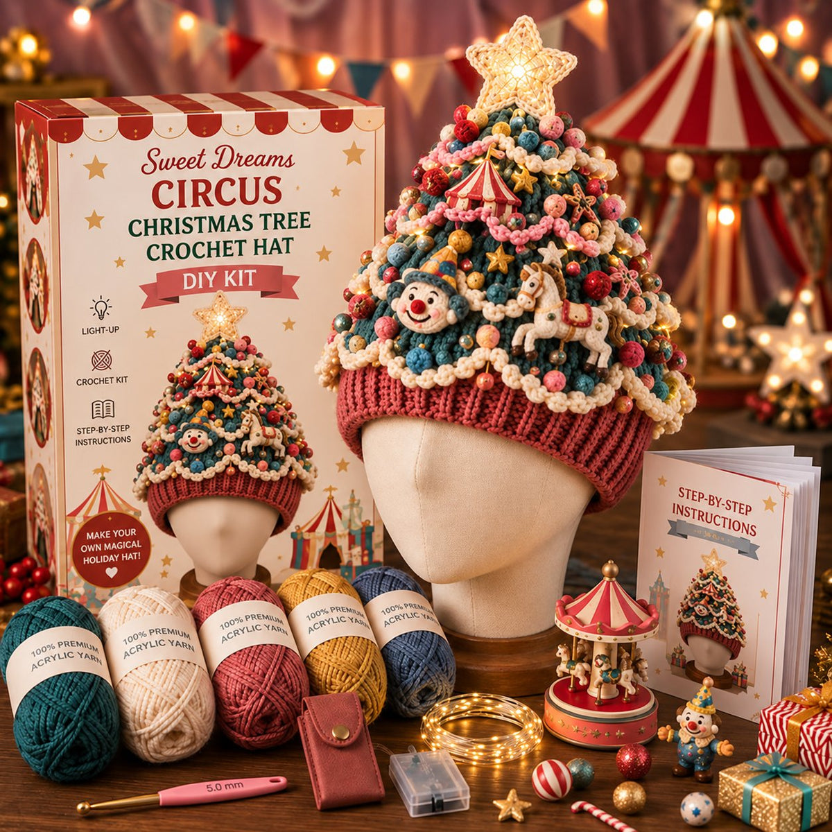 DIY Kit for a Crocheted Christmas Tree Hat with Light Effect – Handmade Christmas Craft Project & Party Hat
