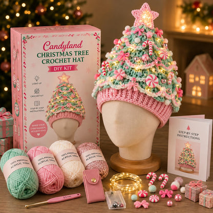 DIY Kit for a Crocheted Christmas Tree Hat with Light Effect – Handmade Christmas Craft Project & Party Hat