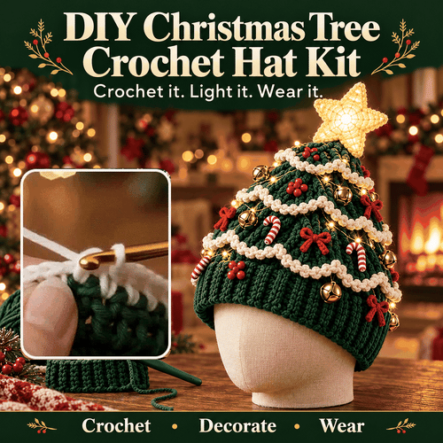 DIY Kit for a Crocheted Christmas Tree Hat with Light Effect – Handmade Christmas Craft Project & Party Hat
